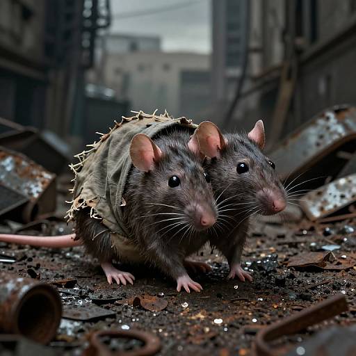 Photograph of two dark brown rats with spiky fur, standing closely together on a dirty, rusty metal floor in a dilapidated urban alleyway