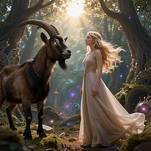 Fantasy forest scene: blonde woman in flowing, beige dress gazes at a horned, dark-furred goat. Sunlight filters through trees,