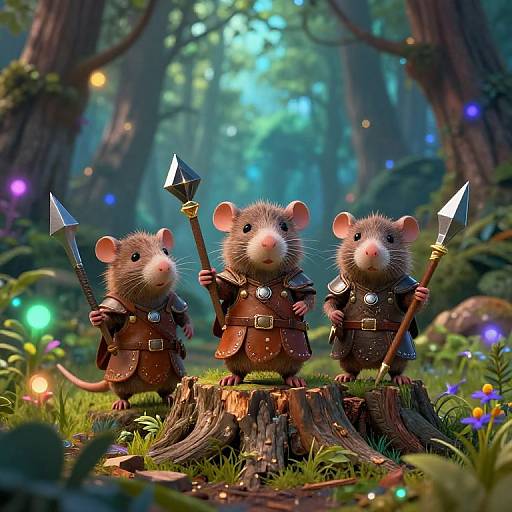 Digital artwork of three armored mouse warriors with spear-like weapons, standing on a tree stump in a magical, glowing forest.