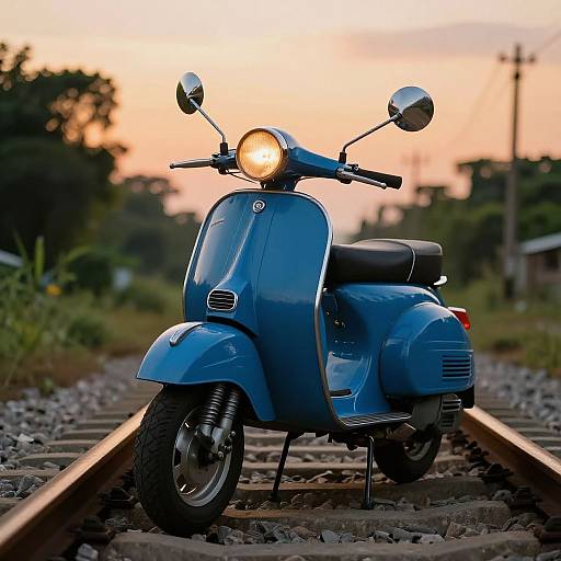 Photograph of a vintage blue Vespa scooter with a bright headlight, parked on railway tracks at sunset, glowing orange sky background.
