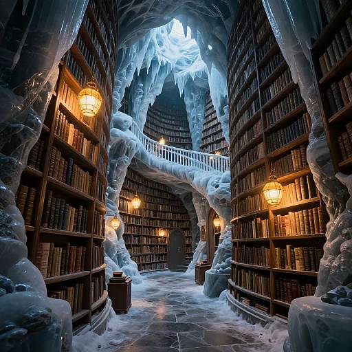 Photograph of a magical ice-encased library with glowing lanterns, towering bookshelves, and icicle-adorned archways, creating