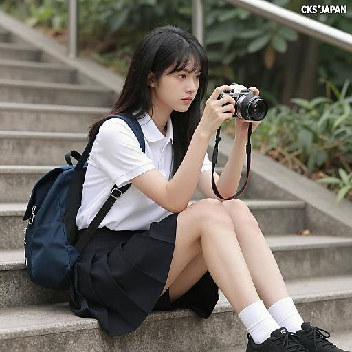 Young woman with camera on stairs