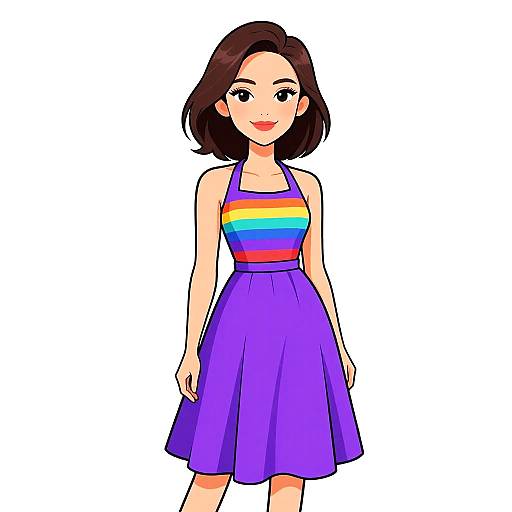 Cartoon-style drawing of a smiling woman with short brown hair, wearing a rainbow-striped tank top and a purple A-line skirt.