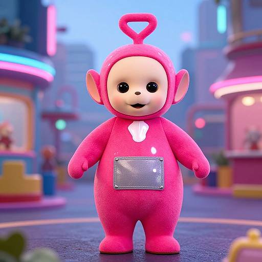 CGI image of a cute, plush pink monkey costume with a smiling face, standing in a neon-lit, futuristic city street.