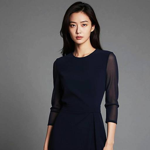 Elegant woman in dark blue dress with sheer sleeves