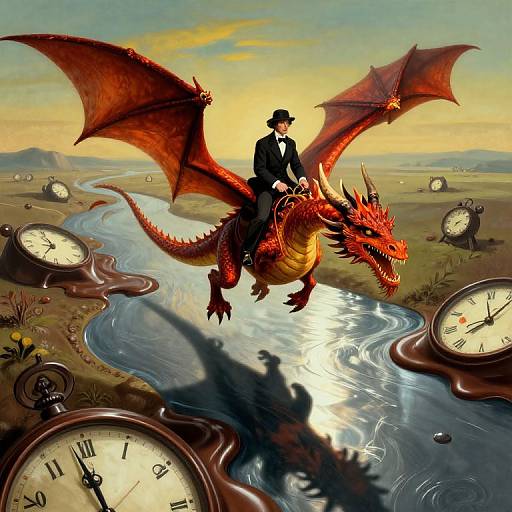 Digital art: A red dragon with large wings, ridden by a black-suited man, flies over a winding river with oversized clock faces in a surreal