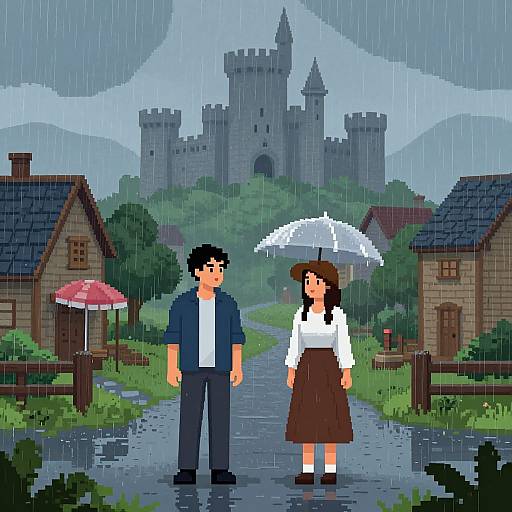 Pixel art of a couple standing on a rainy village path, holding a white umbrella, with a castle in the background.