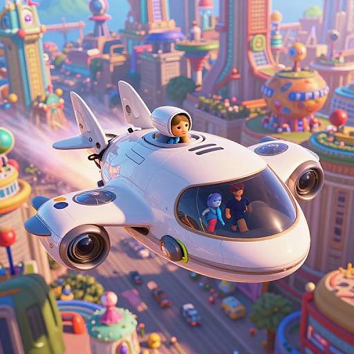 Colorful CGI image of a futuristic white spaceship with two children flying over a vibrant, bustling cityscape with towering buildings and small vehicles.