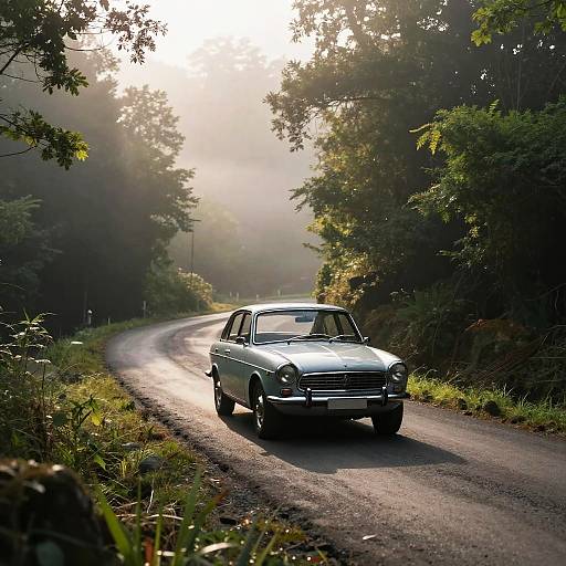 Vintage Car Navigating Misty Mountain Path