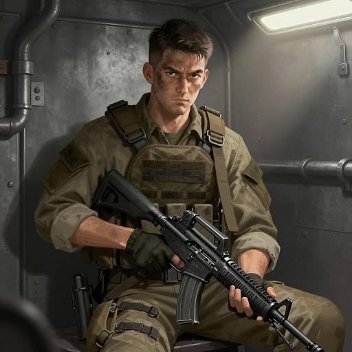 Intense Soldier in Industrial Setting