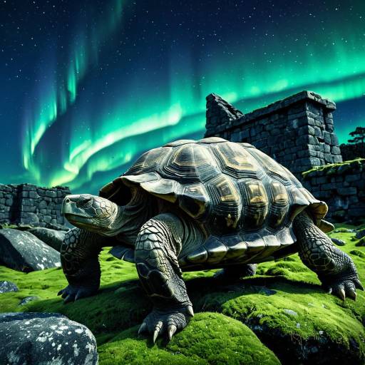 Giant Tortoise Among Mossy Ruins Under Northern Lights