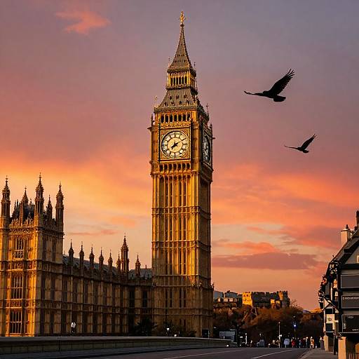 Photograph of the iconic Big Ben clock tower at sunset with a vibrant pink and orange sky, silhouetted pigeons flying, and the Gothic