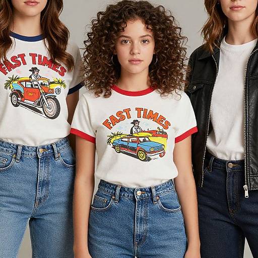 Photograph of three women with curly brown hair, wearing white 