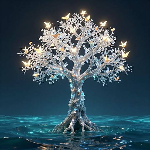 Digital artwork: Glowing white tree with luminescent leaves and butterflies, standing in blue water, against a dark gradient background.