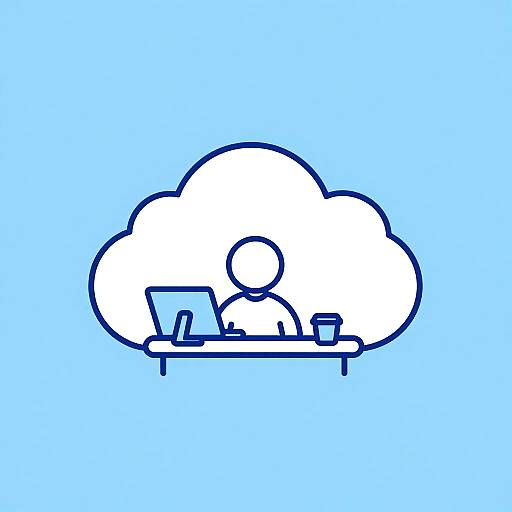 Simple blue line drawing of a person with a cloud head, typing on a laptop, with a cup on a table.