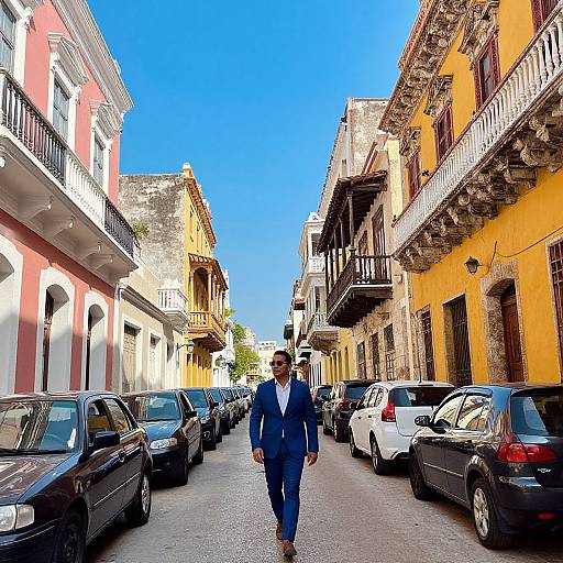 Photograph of a man in a blue suit walking down a colorful, sunlit street lined with parked cars and historic buildings.