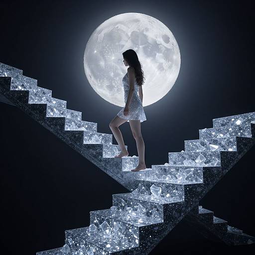 Silhouetted woman in a short dress, standing on glowing, crystalline stairs, against a large, luminous full moon in a dark sky