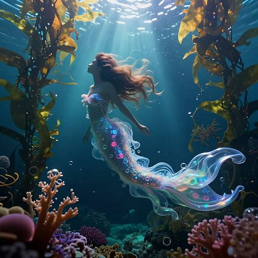 Photograph of a shimmering, iridescent mermaid with long brown hair, swimming gracefully through a sunlit underwater coral reef, surrounded by vibrant