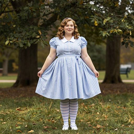 Photograph of a smiling, curvy woman with curly brown hair, wearing a blue pinstriped dress, white socks, and striped leggings,