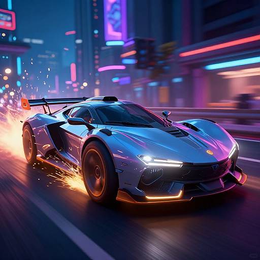 Photorealistic CGI of a sleek, silver sports car with glowing neon lights, performing a dynamic wheel burnout in a vibrant, neon-lit city