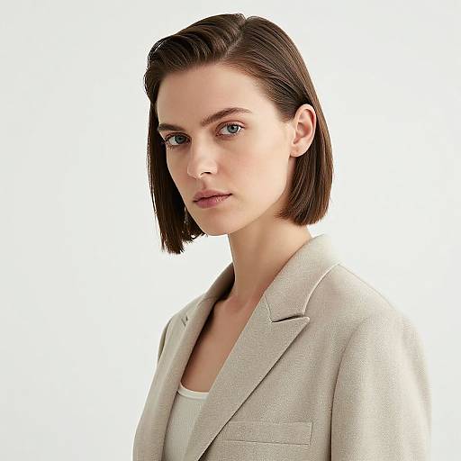 Photograph of a young woman with fair skin, straight dark brown bob haircut, wearing a light gray blazer over a white top, against a white