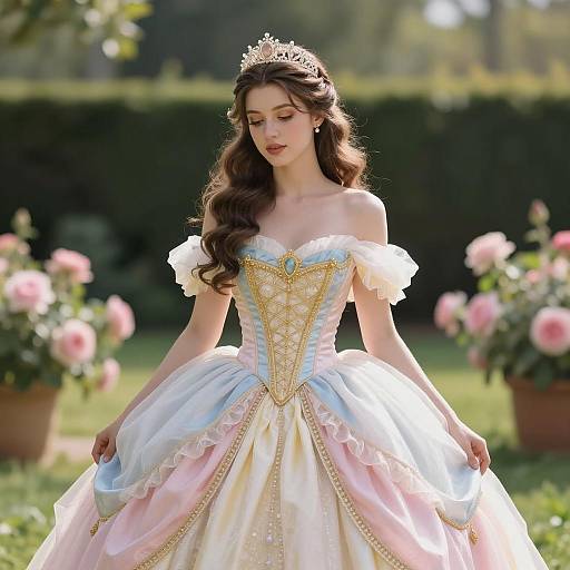 Young Woman in Elegant Princess Dress with Tiara