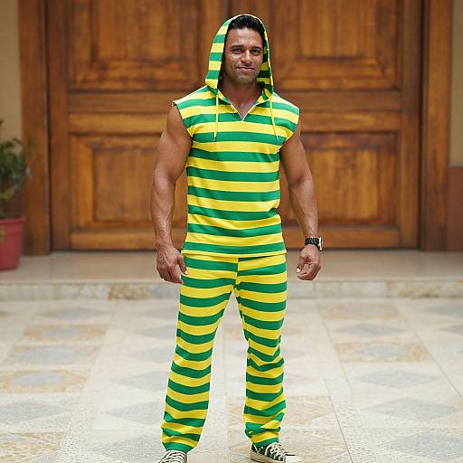 Photograph of muscular man in yellow and green striped hooded onesie, standing confidently in front of wooden door, potted plant on left.