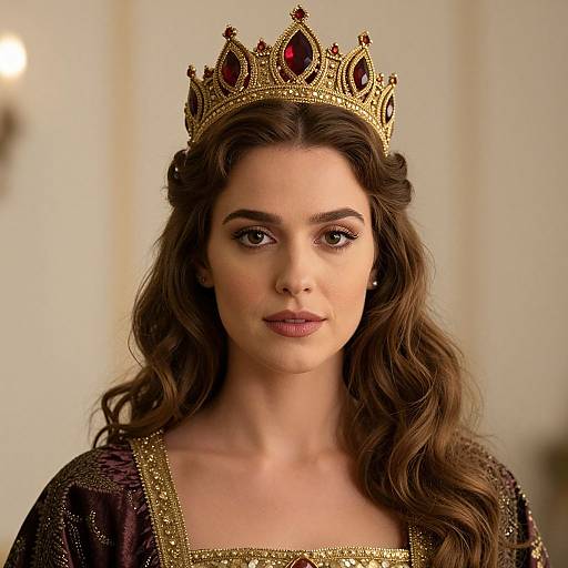 Photograph of a young woman with wavy brown hair, wearing a gold and red jeweled crown, and a dark purple, gold-trimmed