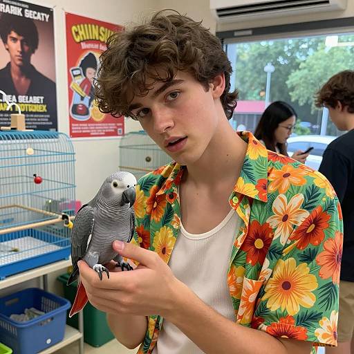 1980s Young Man with Parrot in Store