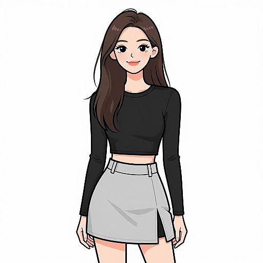 Digital anime-style illustration of a smiling young woman with long brown hair, wearing a black long-sleeve crop top and a white high-waisted