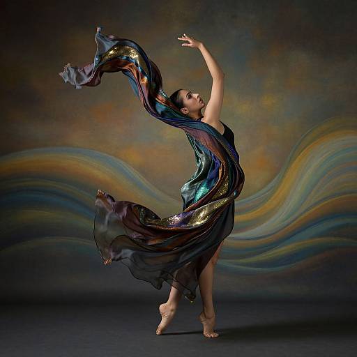Photograph of a barefoot ballerina in a shimmering, black, iridescent dress, gracefully dancing against a swirling, colorful backdrop.