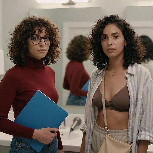 Two Women in Bathroom with Neutral Expressions