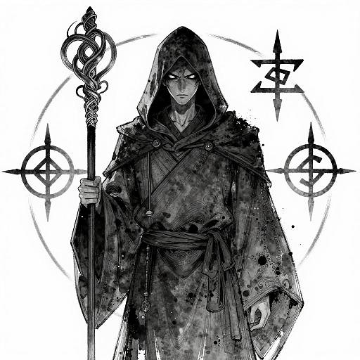 Mysterious hooded figure in black robes, holding ornate staff, with dark, intense eyes and pentagram symbols in background. Monochrome digital art