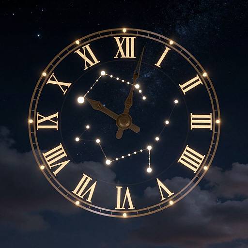 A glowing clock face against a dark, starry night sky with constellation lines connecting clock numbers, creating a celestial effect.