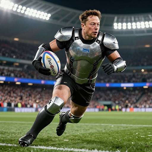 Photograph of a muscular male rugby player in silver and black armor, running with a rugby ball in a brightly lit stadium.