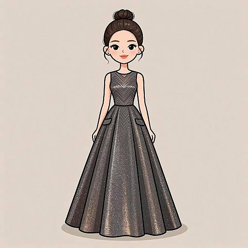 Digital illustration of a young woman with fair skin and black hair in an updo, wearing a sleeveless, black, glittery evening gown with a