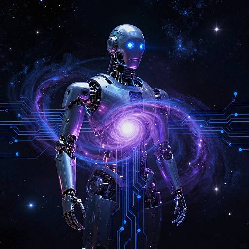Digital artwork of a glowing, metallic humanoid robot with blue and purple lights, swirling energy vortex over its chest, set against a starry space background with