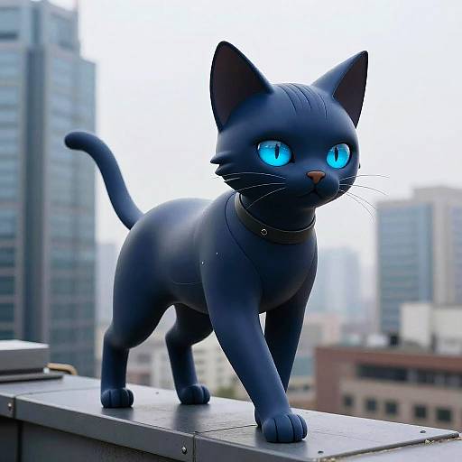 Photograph of a CGI-style black cat with bright blue eyes standing on a rooftop, with blurred city skyscrapers in the background.