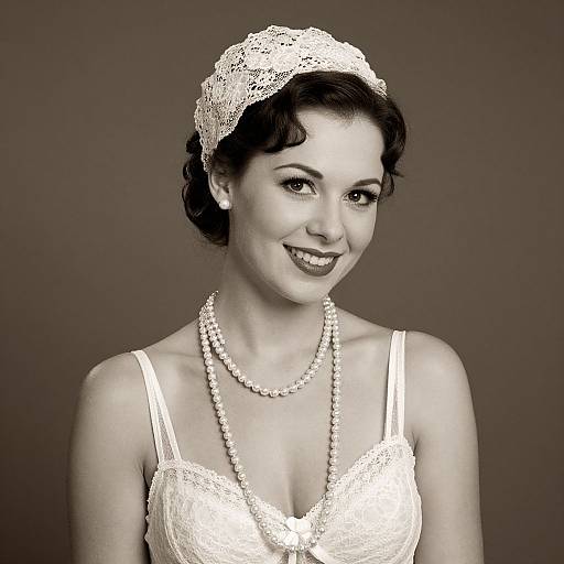 Black-and-white photograph of a smiling woman with short, wavy hair, wearing a lacy headband, white lace bra, and pearl necklace.