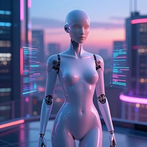 Cybernetic female humanoid with glowing neon lines, nude, standing in futuristic cityscape at dusk, digital artwork with blue and pink lighting.