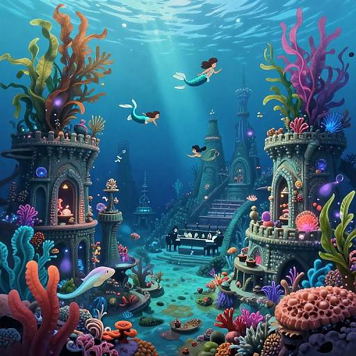 Underwater fantasy scene: colorful coral reefs, mermaids, castle towers, and fish. Bright sunlight filters through the blue ocean water. Digital art.