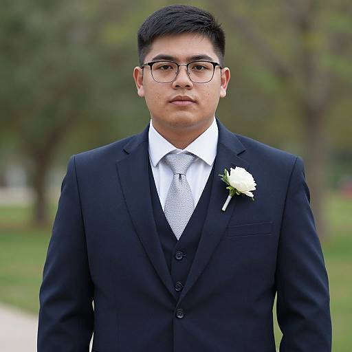 Photograph of a young Asian man with short black hair, glasses, wearing a black suit, white shirt, and tie, with a white flower bout