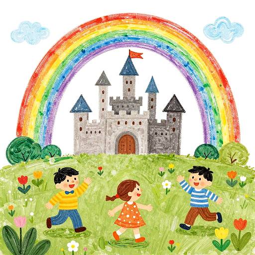 Colorful digital illustration of three children running towards a gray castle with blue towers, under a vibrant rainbow, in a lush, flower-filled meadow.