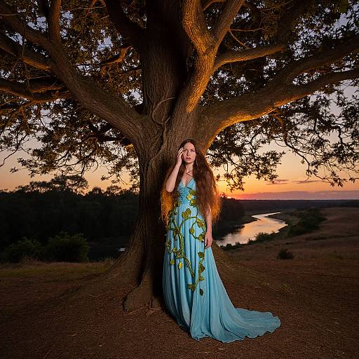 Photograph of a young woman with long brown hair, wearing a flowing blue dress with green leaf patterns, standing against a large tree at sunset, with