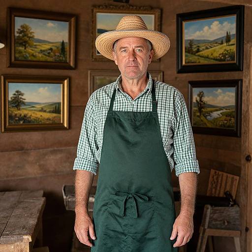 Photograph of an elderly white man with gray hair, wearing a straw hat, checkered shirt, and black apron, standing in a rustic room