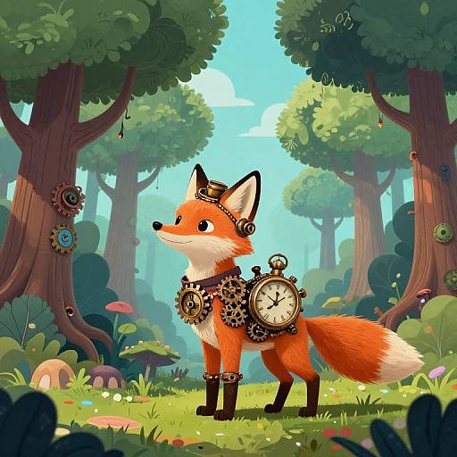 Digital illustration of a steampunk fox in a vibrant forest, wearing a clock and gear collar, surrounded by lush greenery and colorful mushrooms.