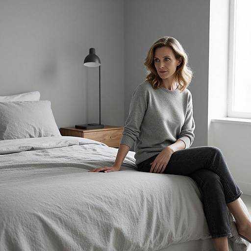 Photograph of a blonde woman with wavy hair, wearing a gray sweater and black pants, sitting on a bed in a minimalist, sunlit bedroom