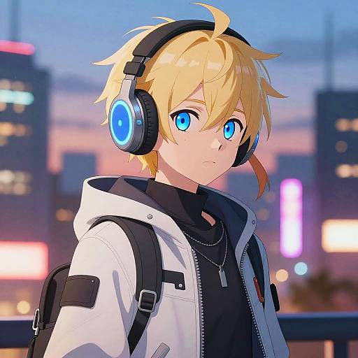 Digital anime-style drawing of a blonde boy with blue eyes, wearing headphones, white jacket, and backpack, against a cityscape at twilight.