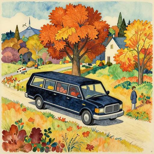 Colorful watercolor painting of a black minivan on a yellow road, surrounded by vibrant autumn trees, a white house, and a standing man in