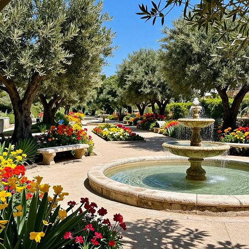 Lush Botanical Garden with Olive Trees and Fountain